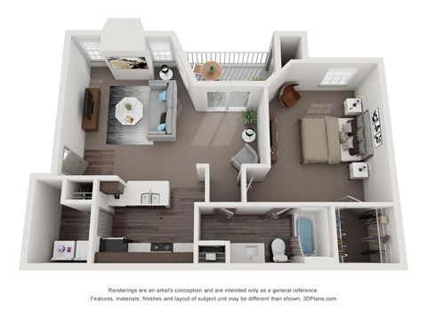 A 3D floor plan of a house with a kitchen, living room, and bathroom at Canyon Ridge, Austin, TX